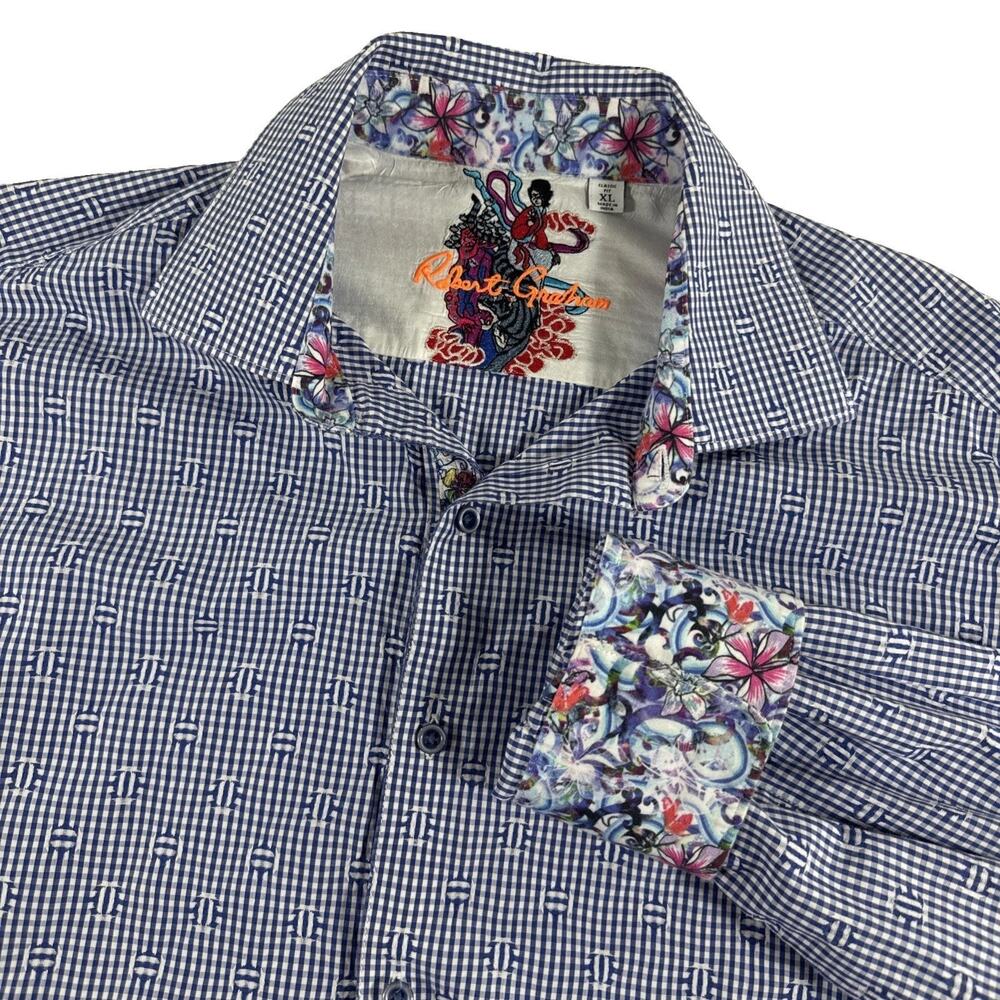 Robert Graham Blue White Checked Gingham Pattern Floral Flip Cuff Size XL Japan
